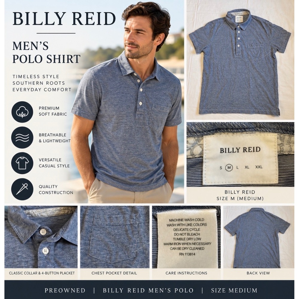 Billy Reid Mens Blue Heathered Cotton Short Sleeve Polo Shirt Size Medium